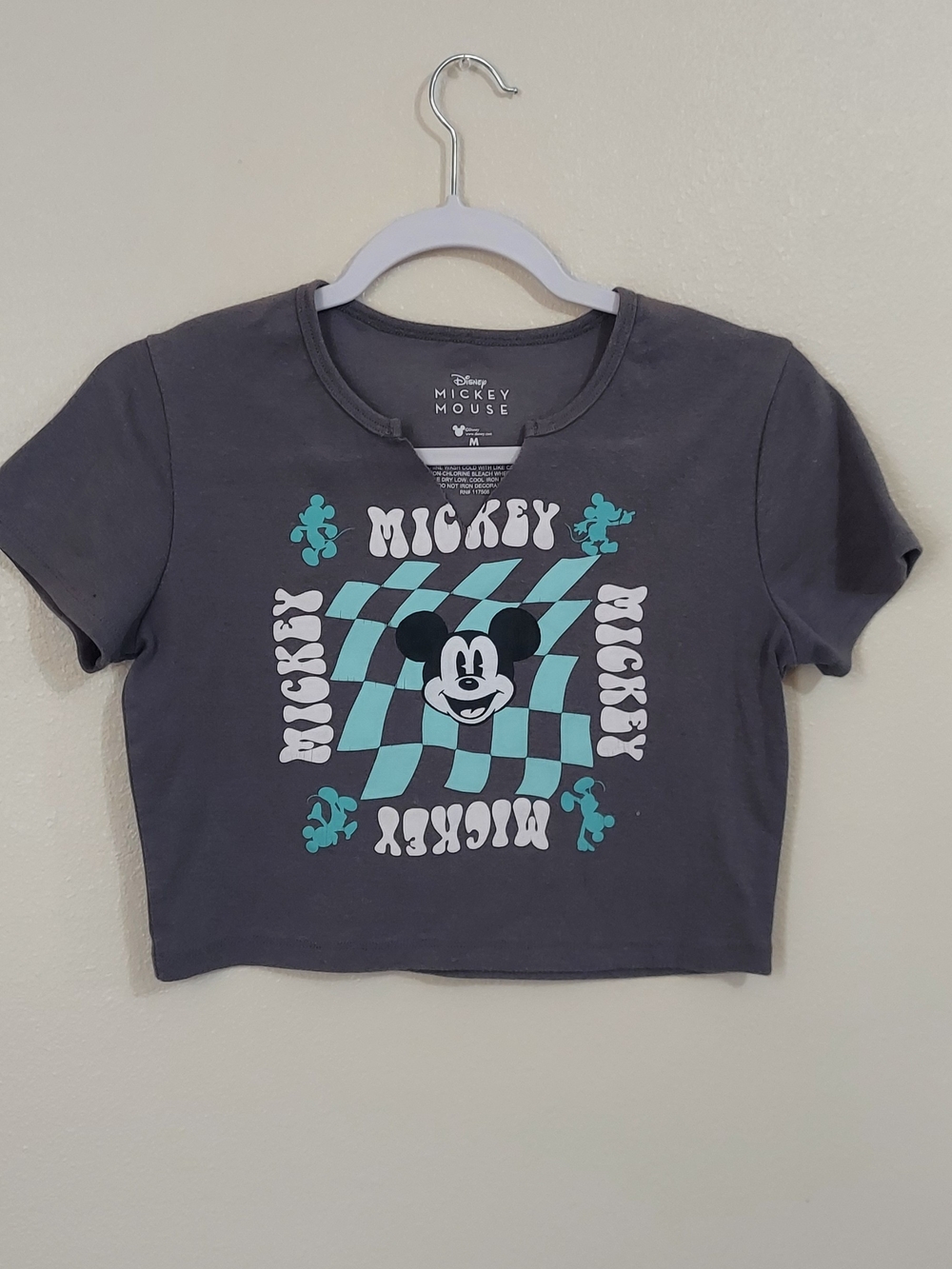 Disney Mickey Mouse Charcoal Crop Tee with Teal & White Graphic